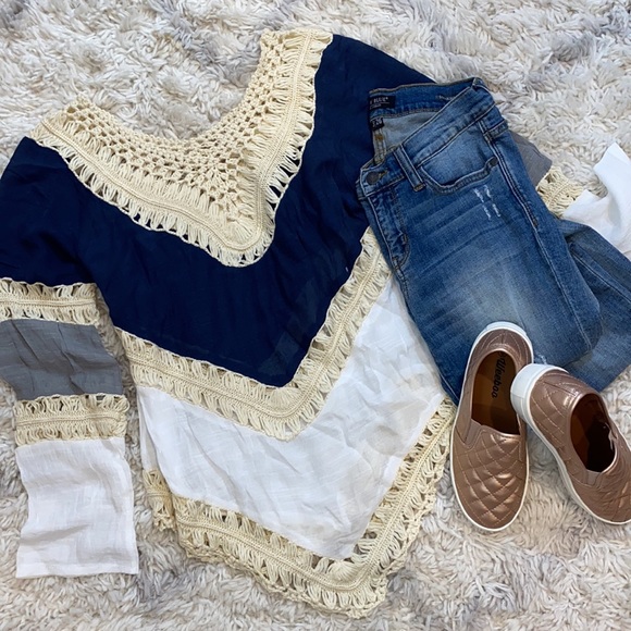 ColorBlock Blue and Crochet Blouse